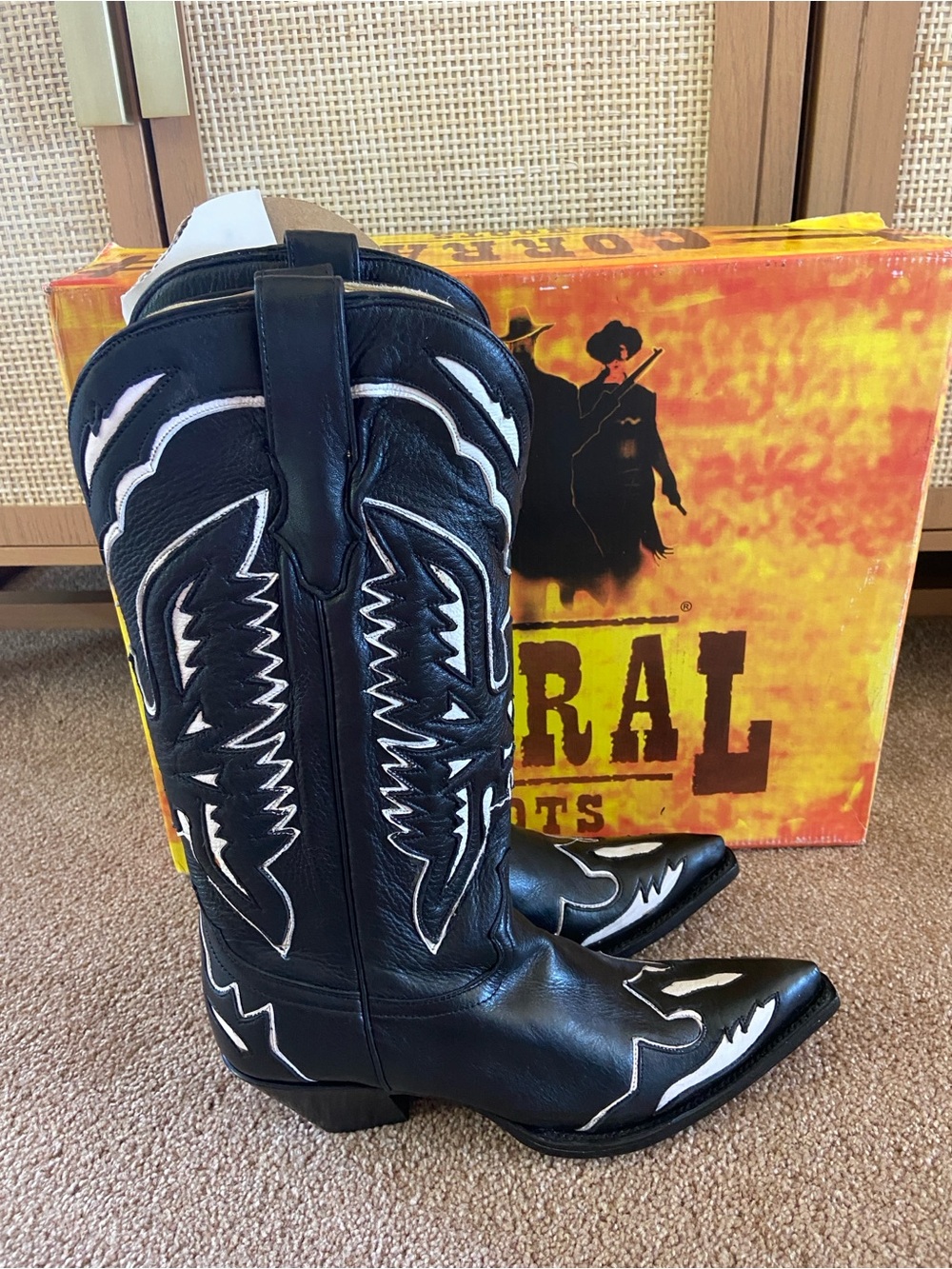 Corral Black/WHITE Leather Eagle Overlay WESTERN WOMENS BOOTS SZ 8.5~